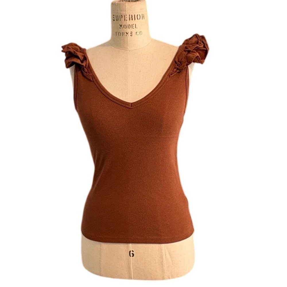 Old Navy Brown Ribbed Tank Top Ruffle Strap Fitted Stretch Small Summer Basic